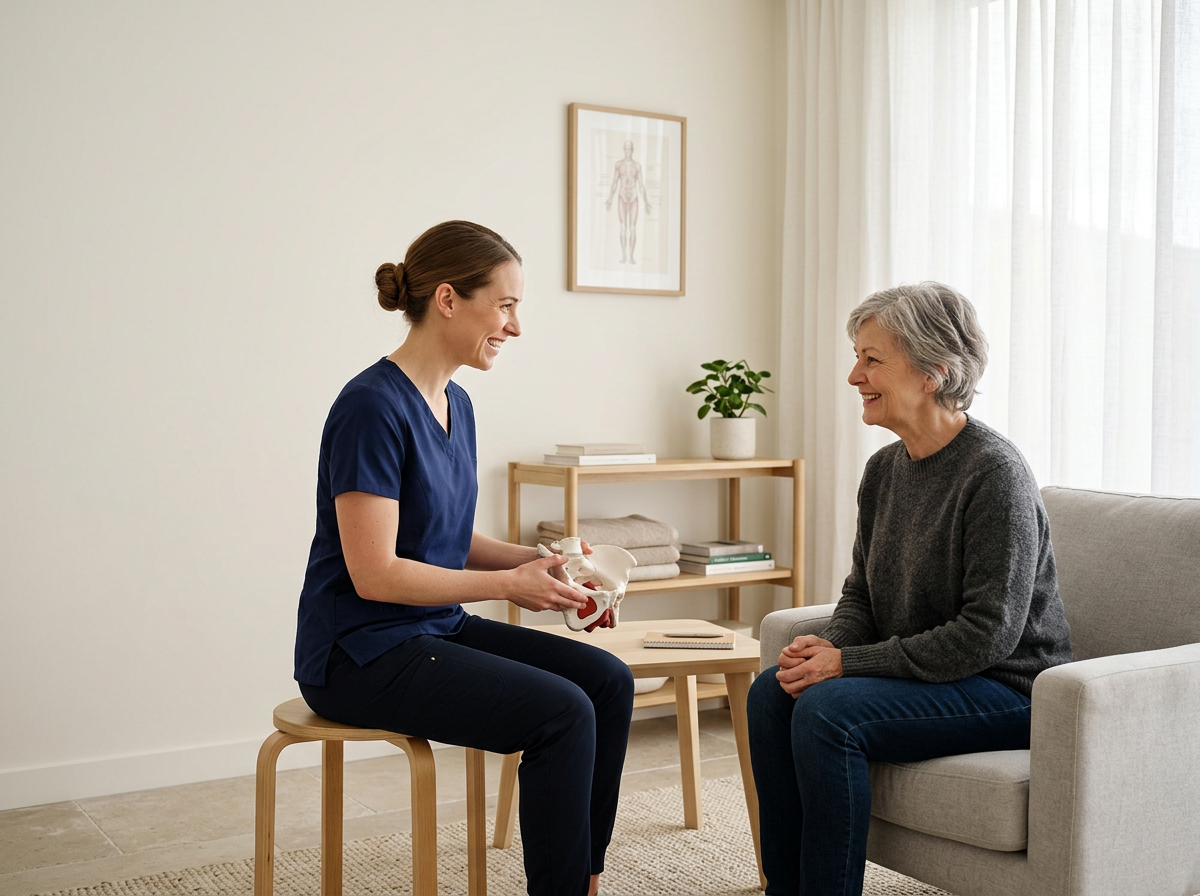 A healthcare professional and an elderly woman sitting and smiling in a medical office with medical charts and a potted plant in the background.