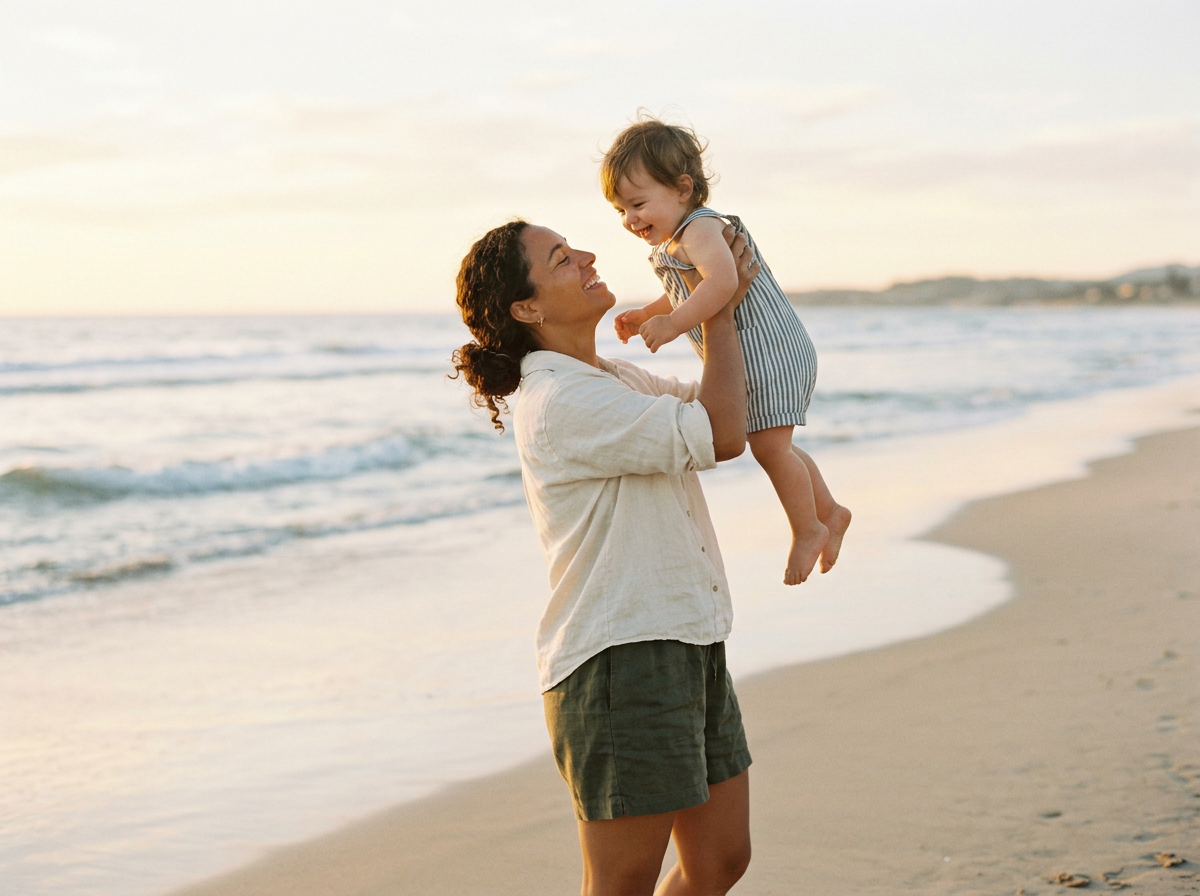 A woman holding a young girl in the air on a beach at sunset, both smiling and enjoying the moment.