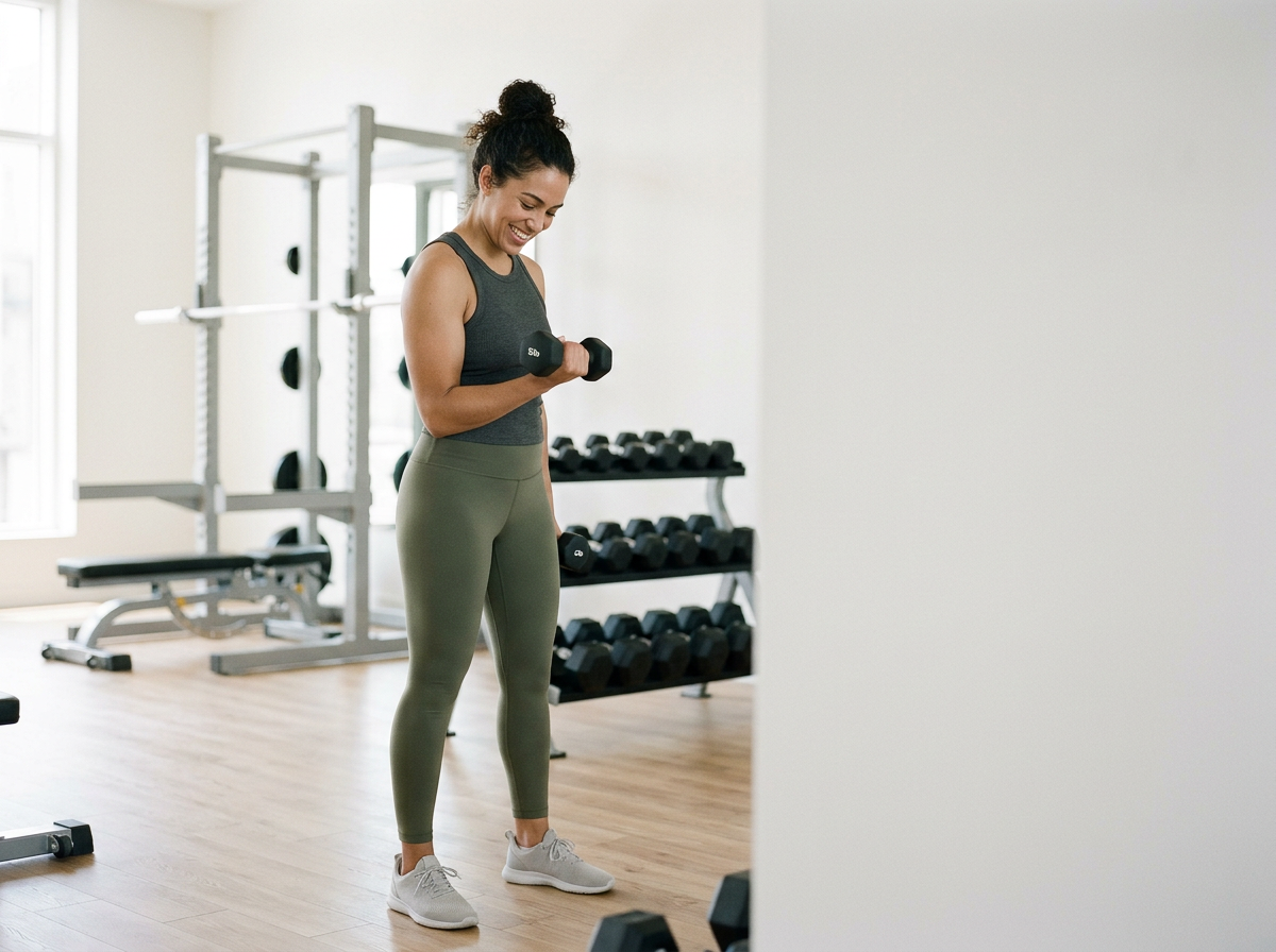A woman with curly hair tied in a bun, wearing a gray sleeveless top and green leggings, lifting a dumbbell in a bright gym. There are racks of dumbbells and workout equipment in the background.