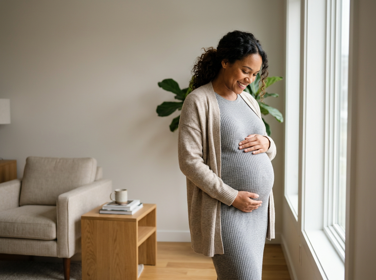 Pregnant woman standing by window, smiling and touching her belly in a cozy living room.