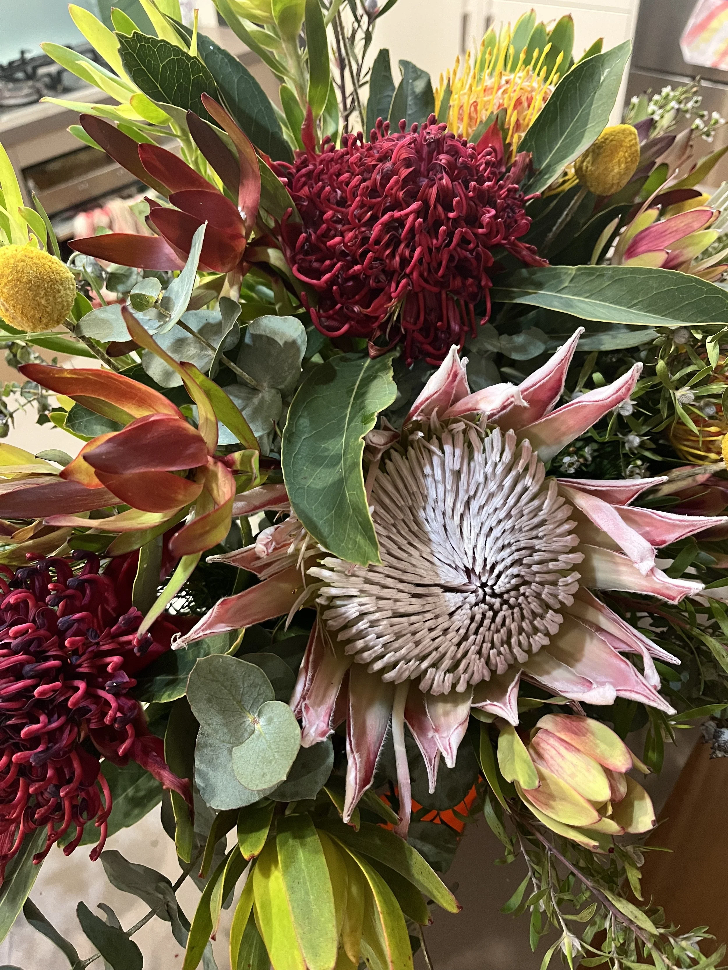 Close-up of a colorful flower bouquet with large white and pink protea flowers, red and yellow pincushion proteas, and various green leaves.