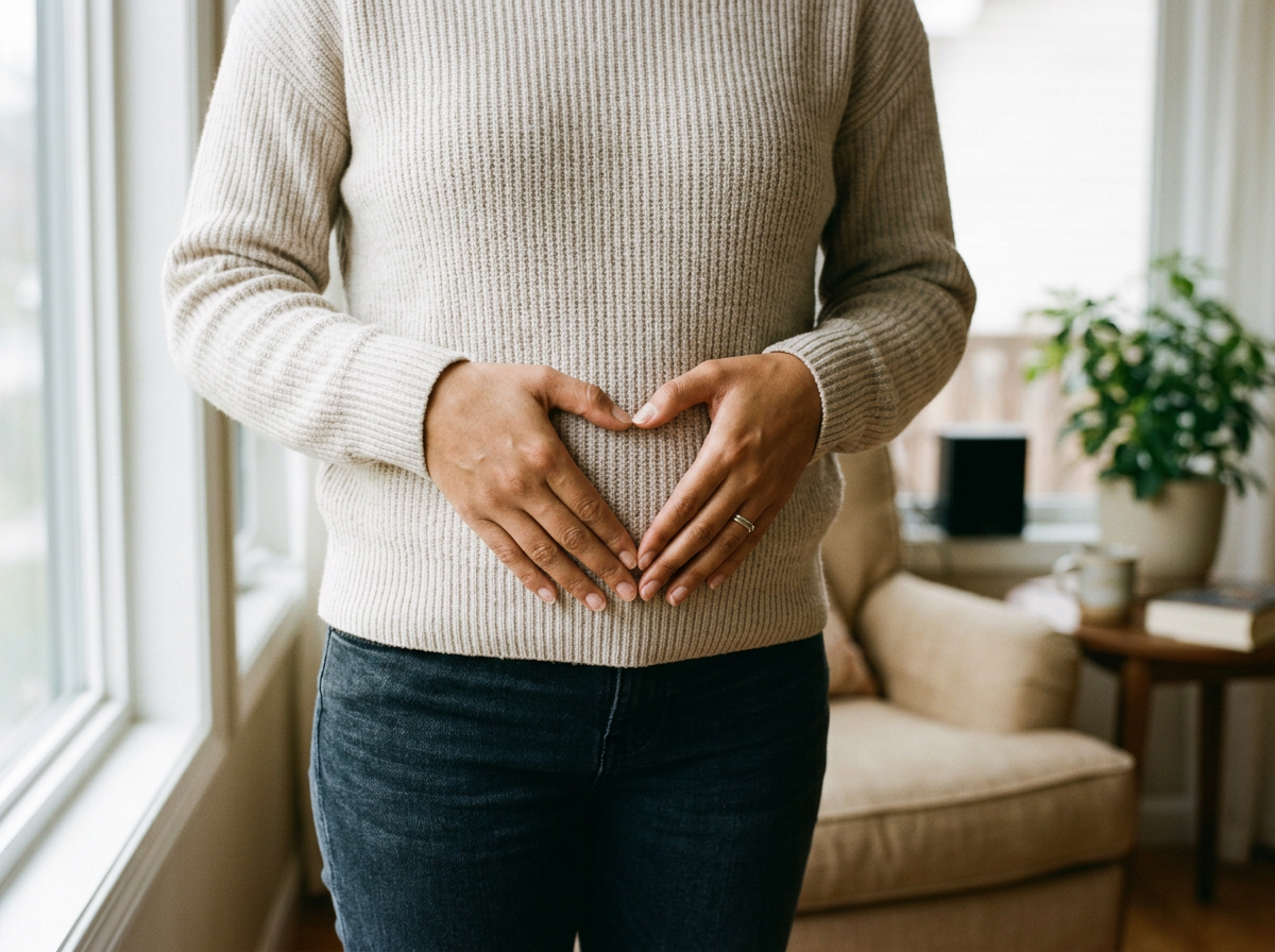 Person making a heart shape with hands on their stomach in a cozy living room.