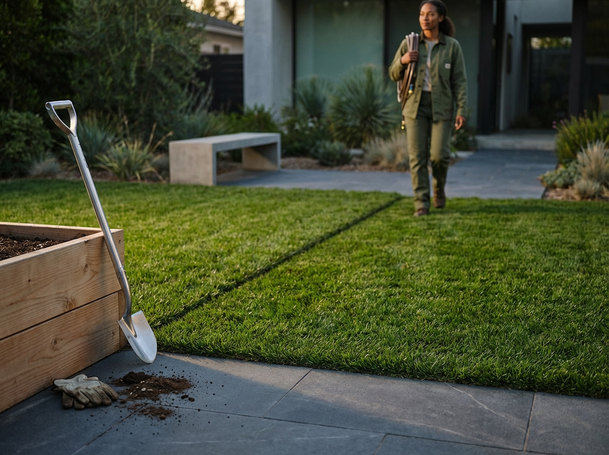 A woman walking on a lawn holding gardening tools, with a raised garden bed and a gardening shovel leaning against it, in a backyard setting.