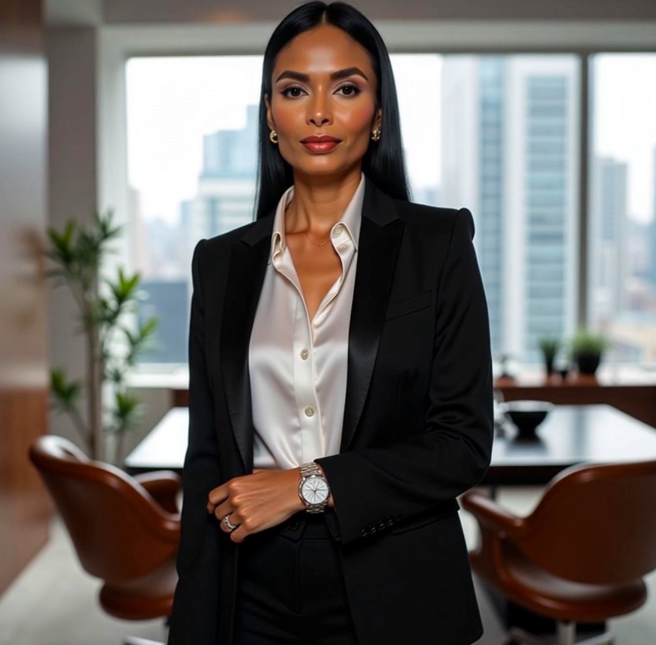 A professional woman with long black hair, wearing a black blazer and white silk blouse, standing confidently in a modern office with large windows, cityscape view, and minimalist decor.