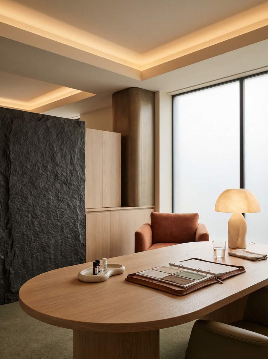 Modern office space with a rounded wooden desk, a beige lamp, a glass of water, fabric samples, and an orange armchair. Large frosted window and built-in wooden cabinets with stone accent wall.