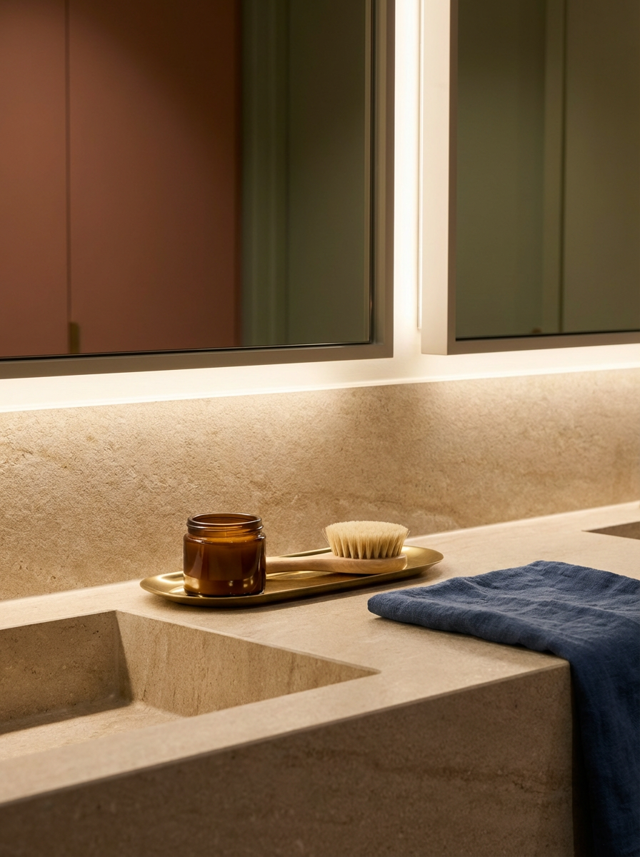 Bathroom countertop with a brown jar, a brush on a gold tray, a blue cloth, and a mirror above.