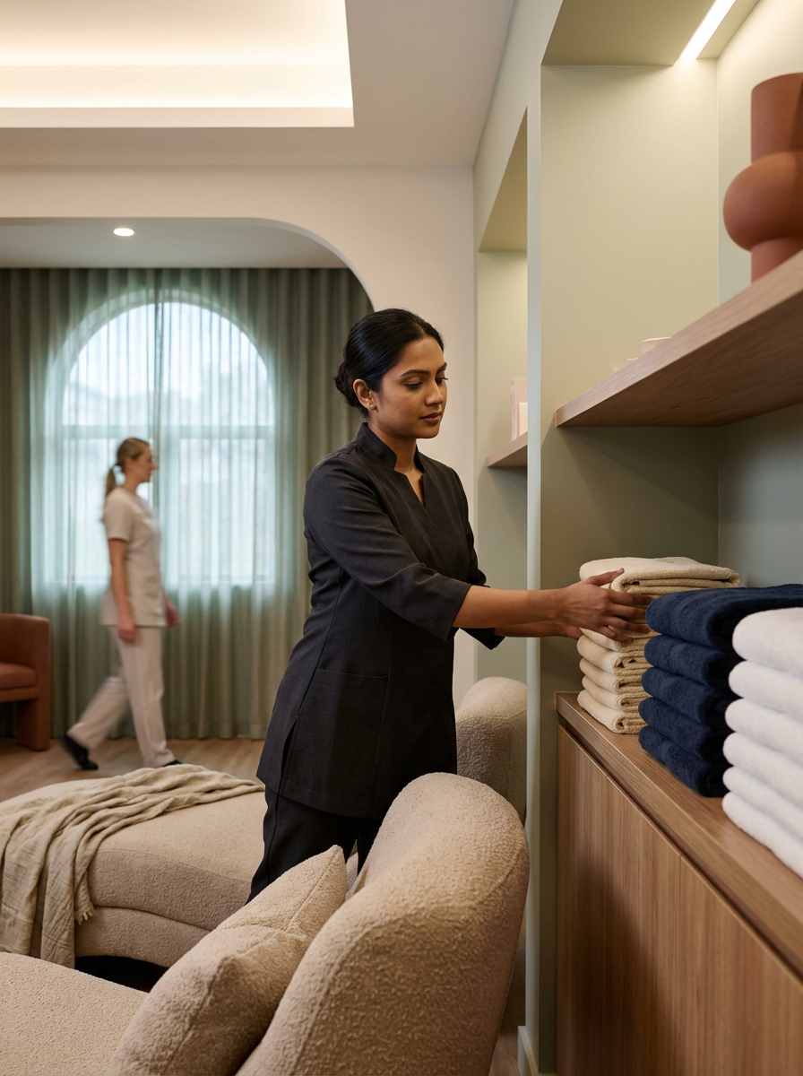 A woman in a black uniform folds towels on a shelf in a well-lit spa or hotel room. In the background, another woman in casual white attire walks past a window with green curtains.