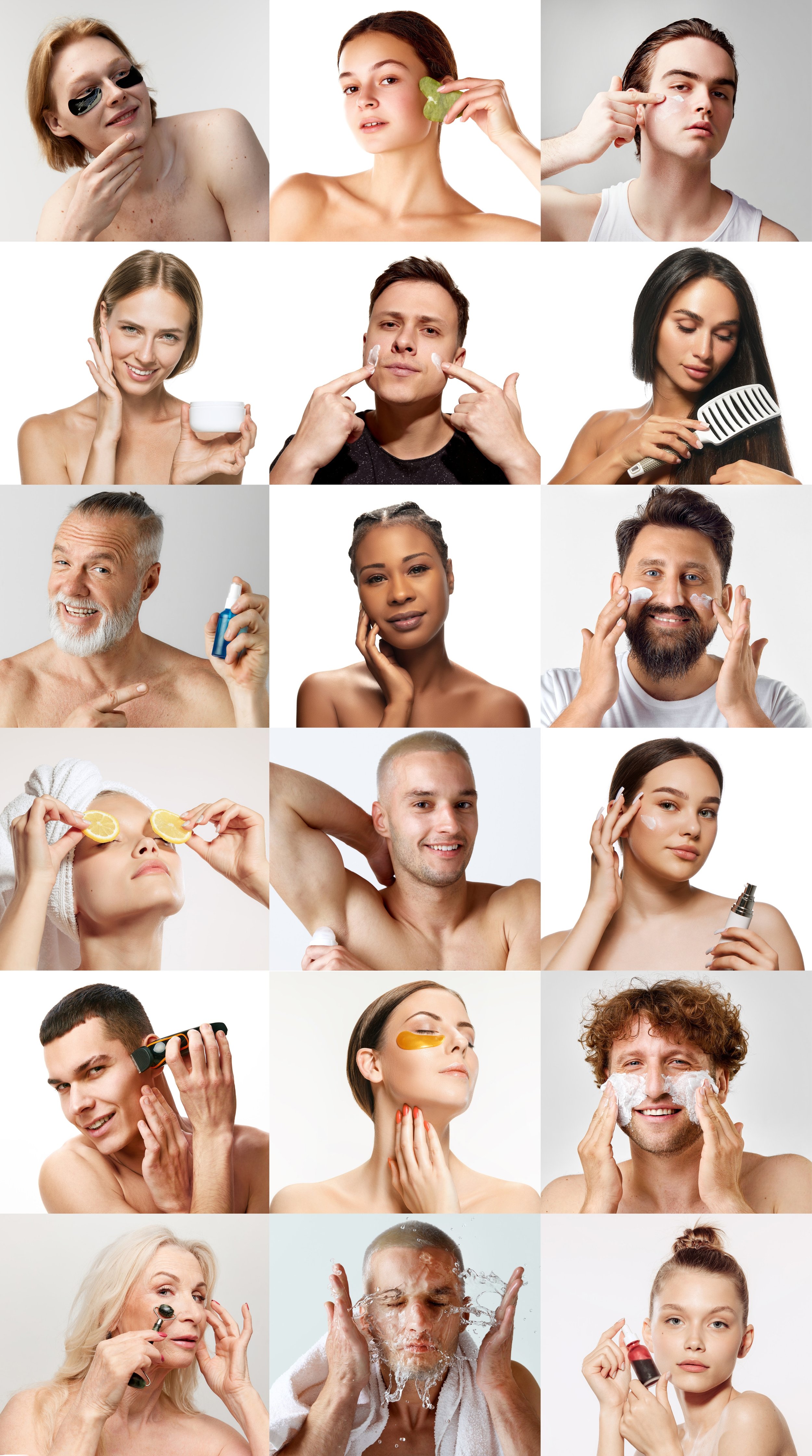 Collage of people using skincare and grooming products, applying face cream, shaving, using a hairbrush, doing facial treatments, and handling beauty tools.