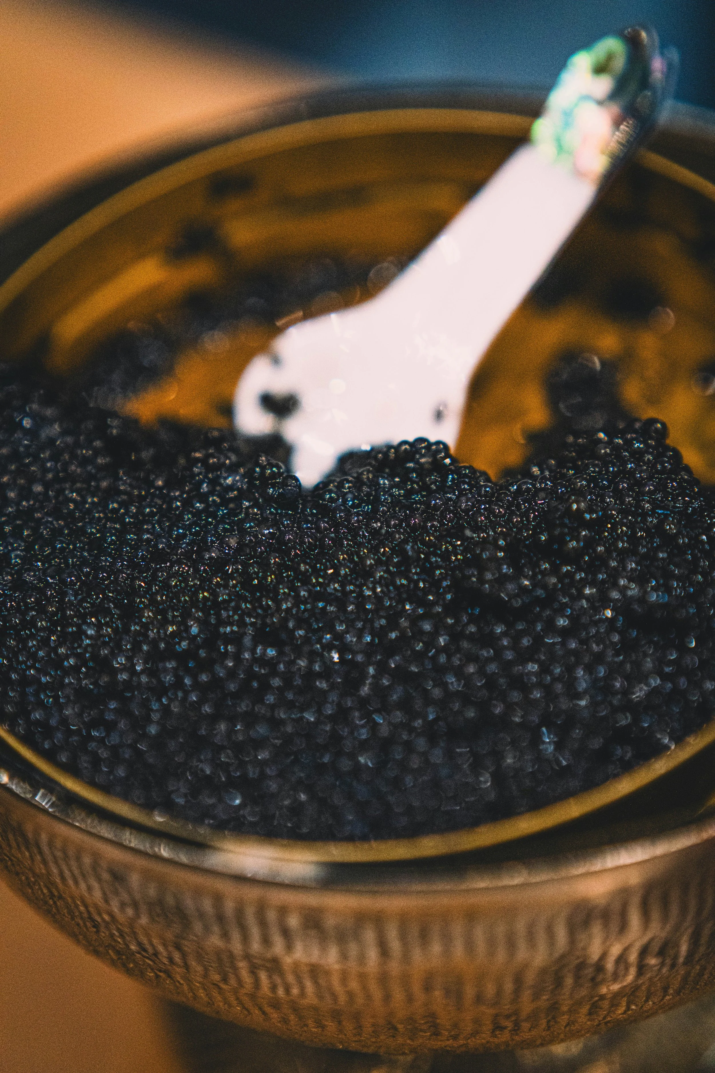 Close-up of a container filled with black caviar, with a metallic spoon partially submerged in the caviar.