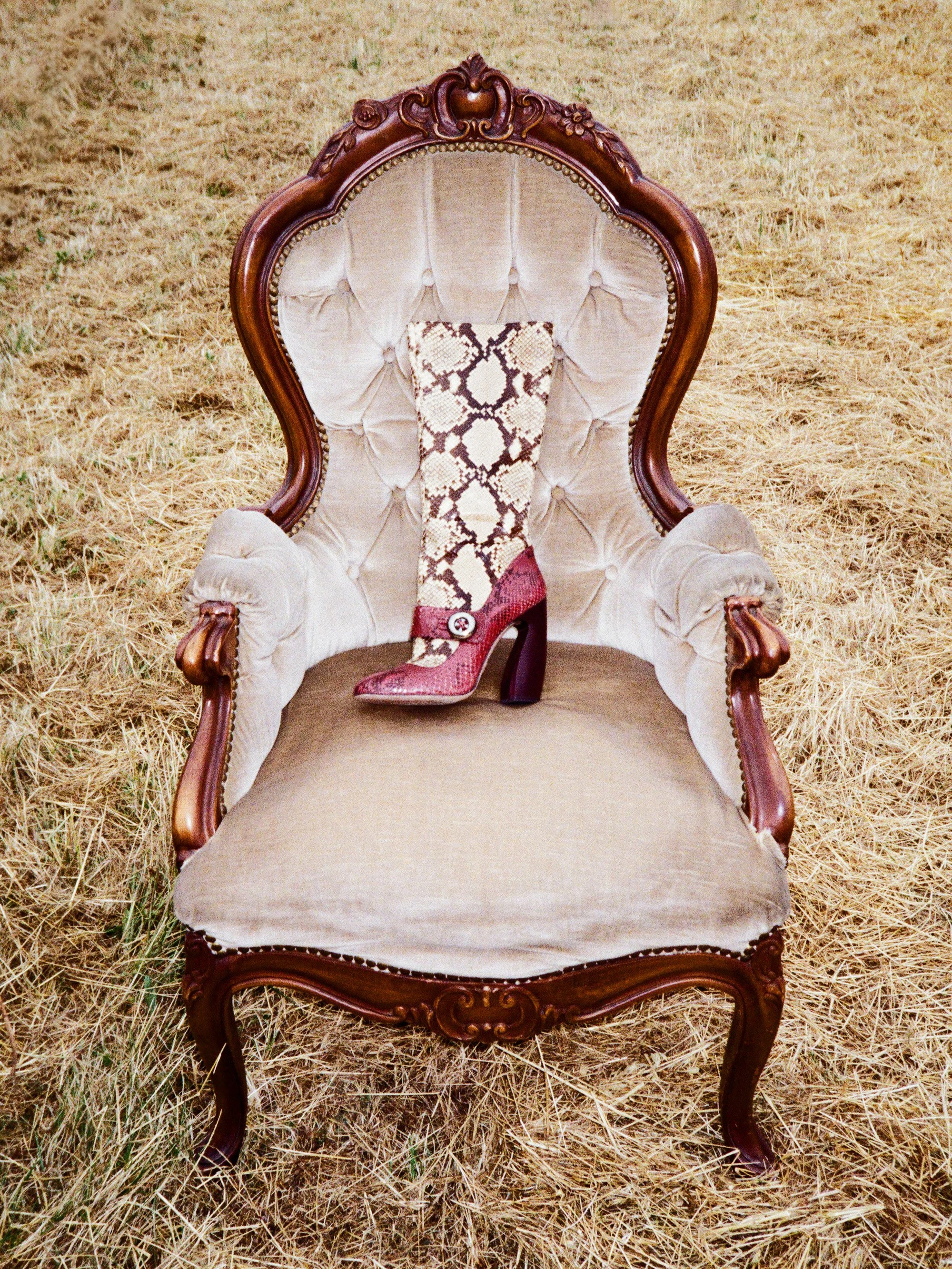 An ornate vintage armchair with a tufted beige fabric backrest and armrests, carved wooden frame, and detailed embellishments, placed on a grassy field. A patterned high-heeled shoe with a button detail rests on the seat.