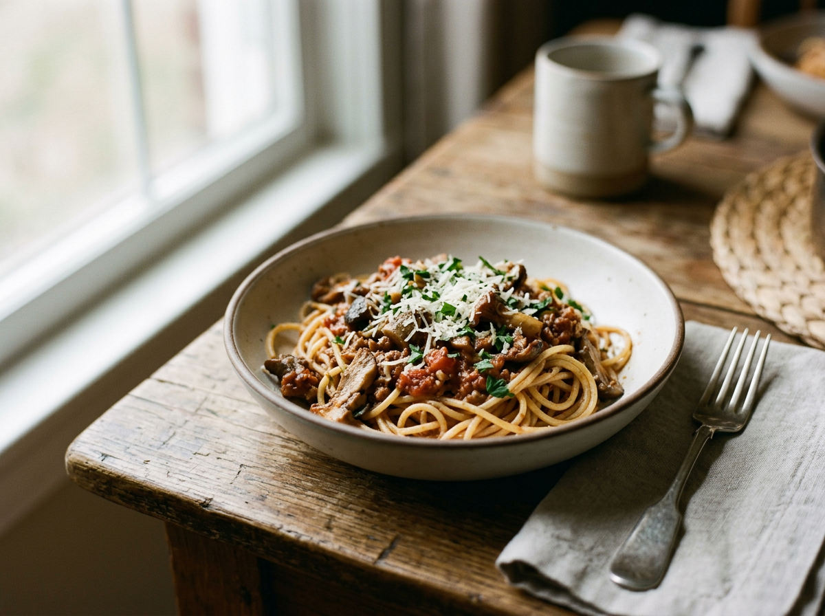 A bowl of spaghetti with meat sauce topped with grated cheese and parsley, placed on a rustic wooden table near a window.