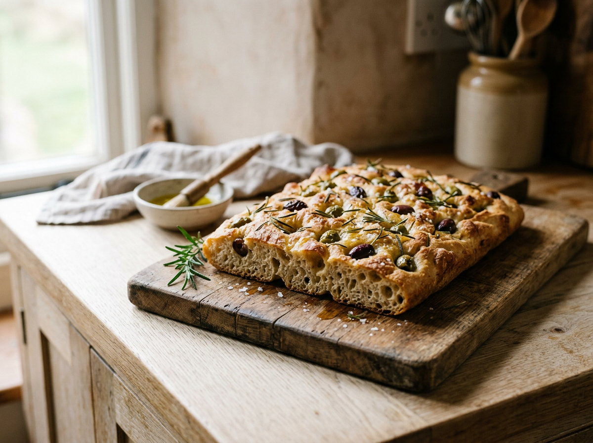 Fresh focaccia bread topped with olives and herbs on a wooden cutting board in a cozy kitchen.