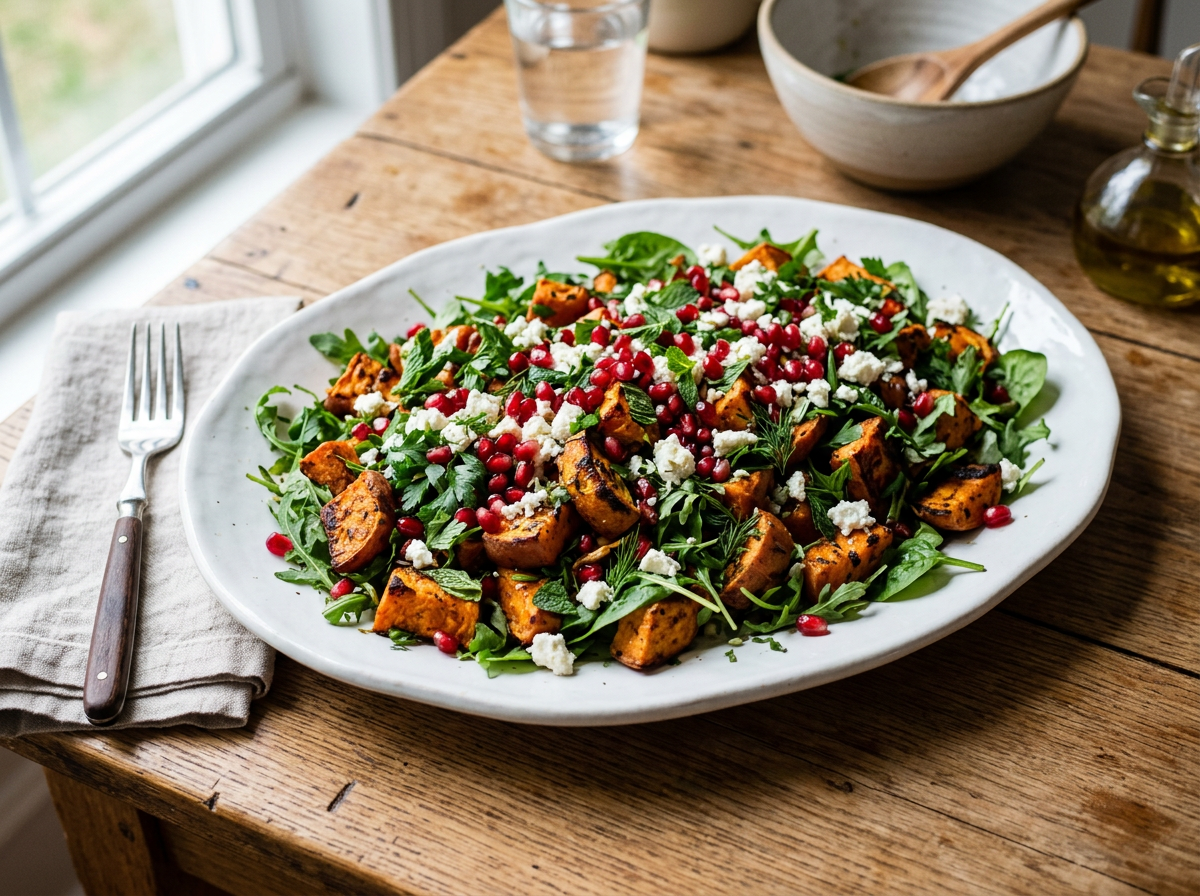 A large oval white platter containing a salad with grilled cubes of sweet potato, fresh greens, pomegranate seeds, crumbled white cheese, and herbs. The platter is on a rustic wooden table near a window, with a fork on a cloth napkin, a glass of wate
