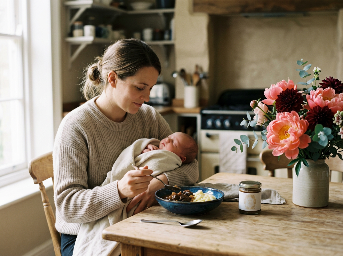 A woman holding a baby while eating a meal at a wooden table in a kitchen, with a vase of pink and dark red flowers on the table.