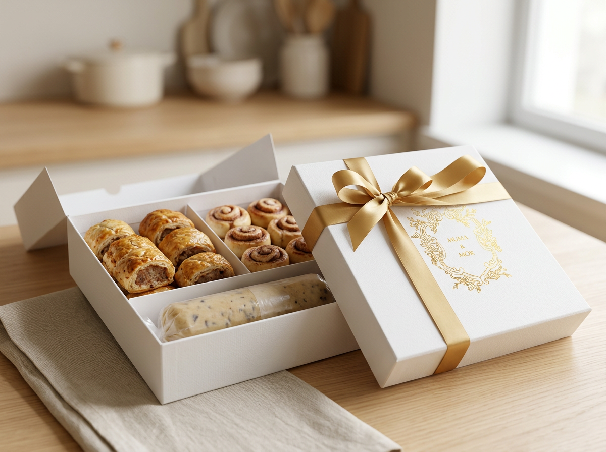 A white gift box with a gold ribbon and embossed decoration containing assorted baked goods, including cinnamon rolls, sausage rolls, and a pastry with filling, on a wooden table near a window.