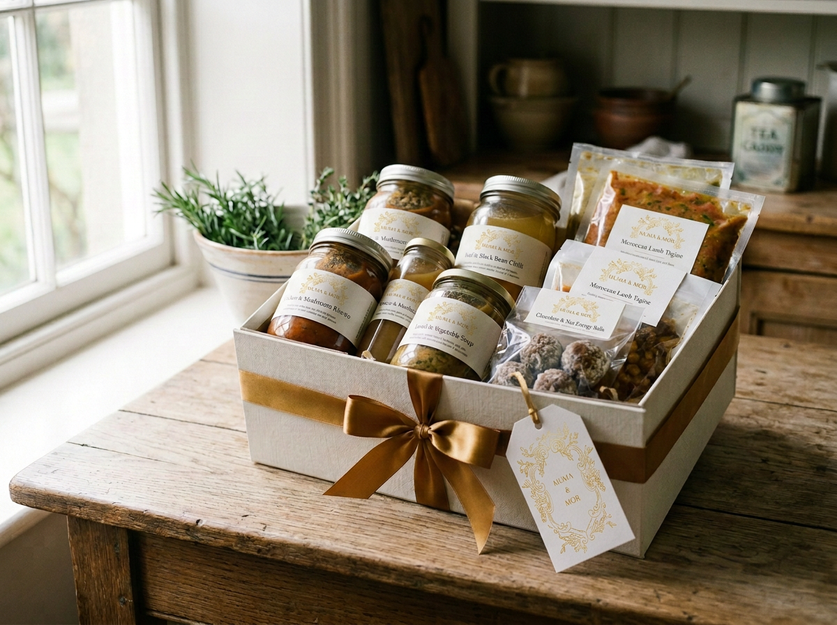 A gift box with a gold ribbon containing jars of soup, packages of lasagna, and other food items on a rustic wooden table near a window.