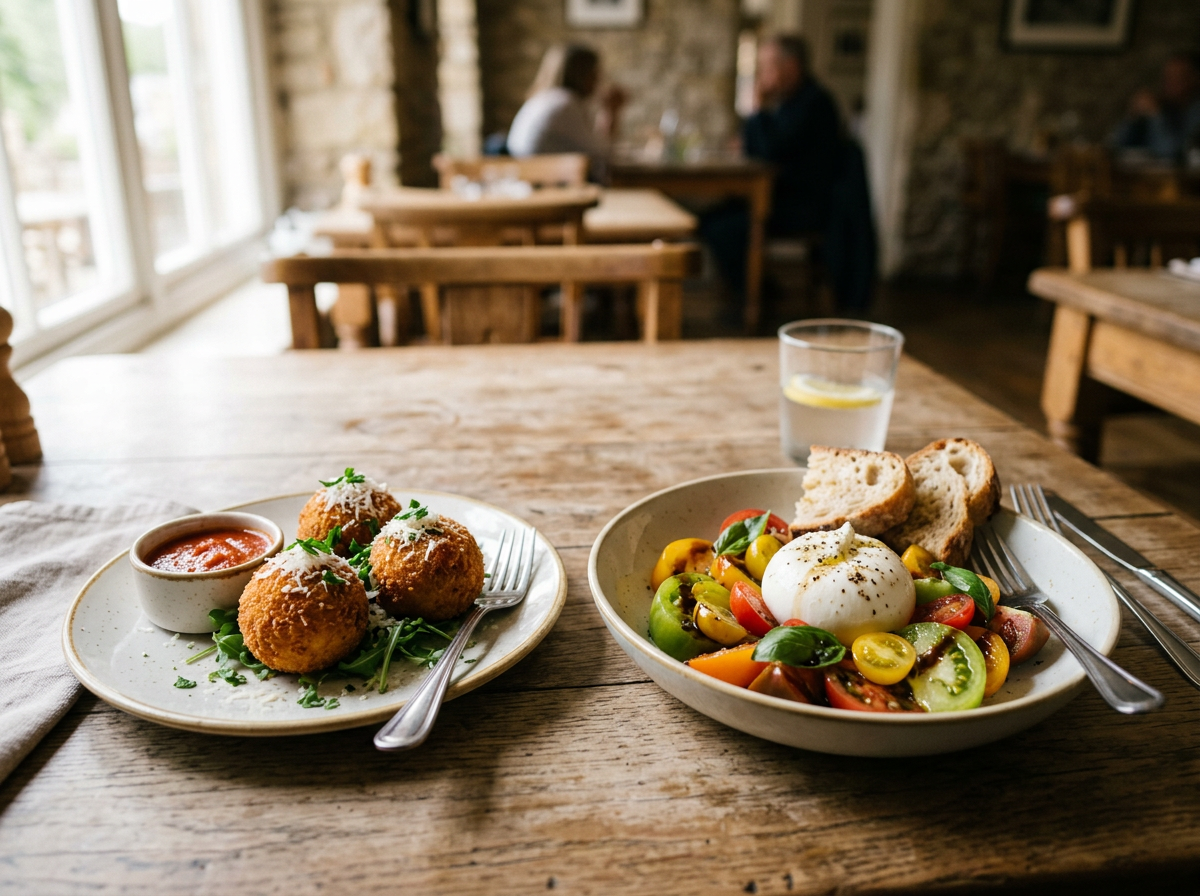 A rustic wooden table with a plate of three fried foods with dipping sauce and a bowl of tomato and mozzarella salad with bread and lemon water in a cozy restaurant setting.