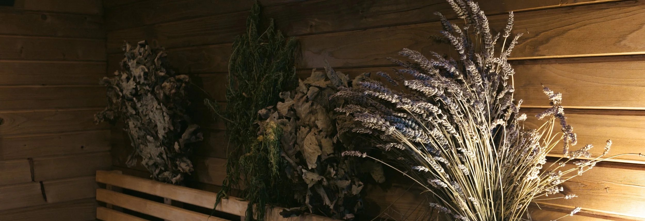 Bündel getrockneter Lavendel, Kräuter und Blätter, an einer Holzvertäfelung befestigt.