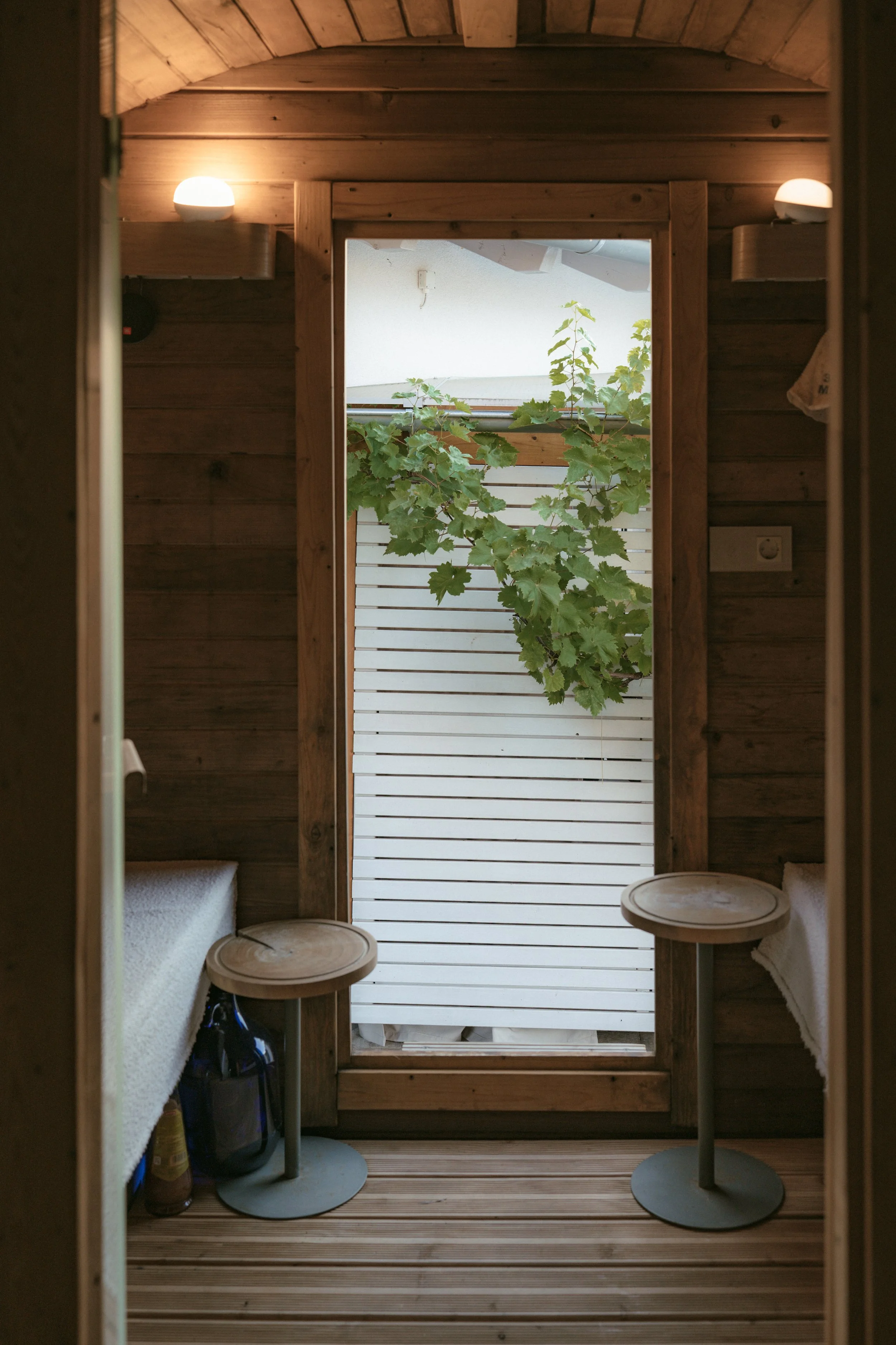 Innenraum eines kleinen Holzhauses mit zwei Bänken, zwei kleinen Tischen, einer vertikalen Jalousie und Zimmerpflanzen im Hintergrund.