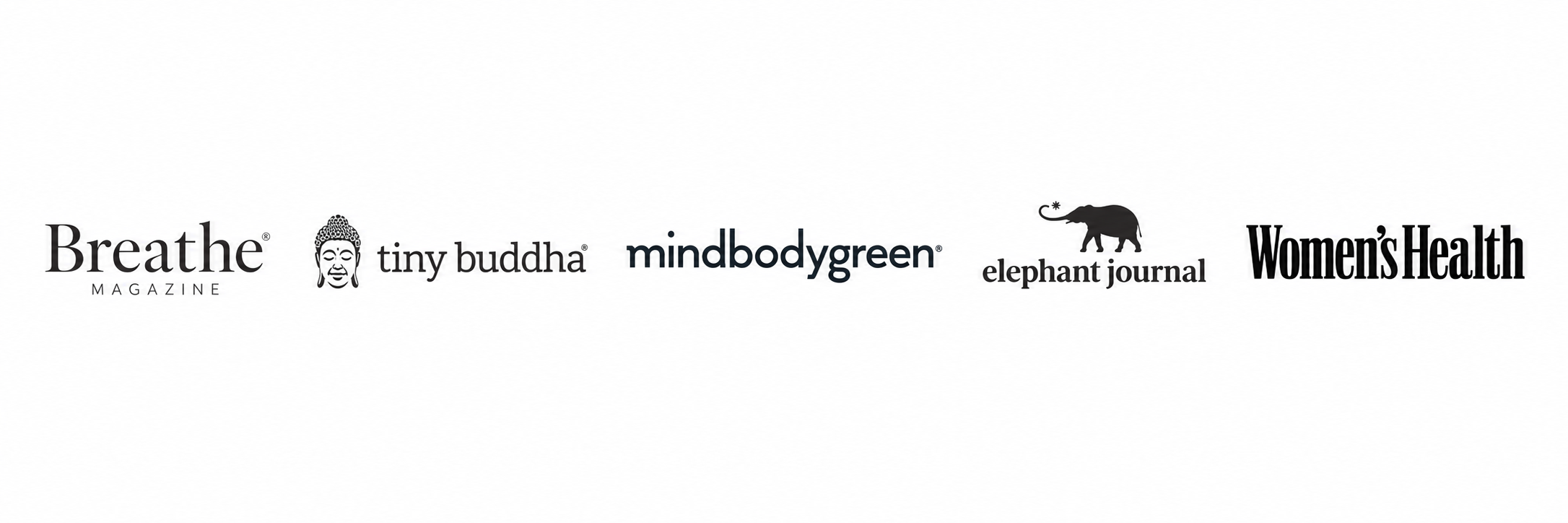 Logos of several health and wellness publications and brands, including Breathe Magazine, Tiny Buddha, MindBodyGreen, Elephant Journal, and Women's Health.