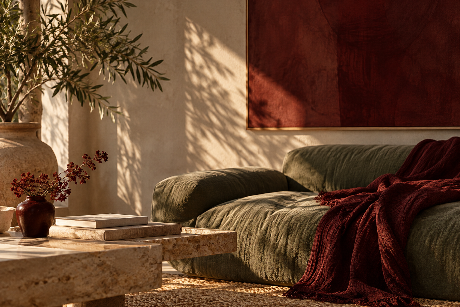 Cozy living room scene with a green velvet sofa, a red throw blanket draped over it, a marble coffee table with notebooks and a vase of red flowers, and a large potted plant in the background with sunlight casting shadows on the wall.