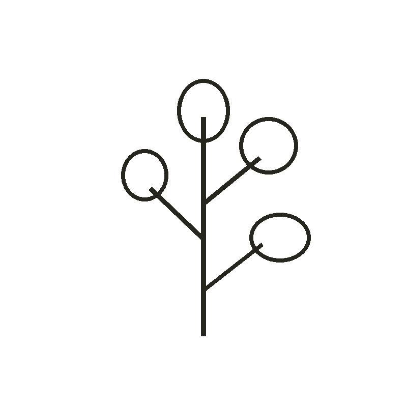 A minimalist line drawing of a plant with four circular buds or flowers on branches, set against a black background.