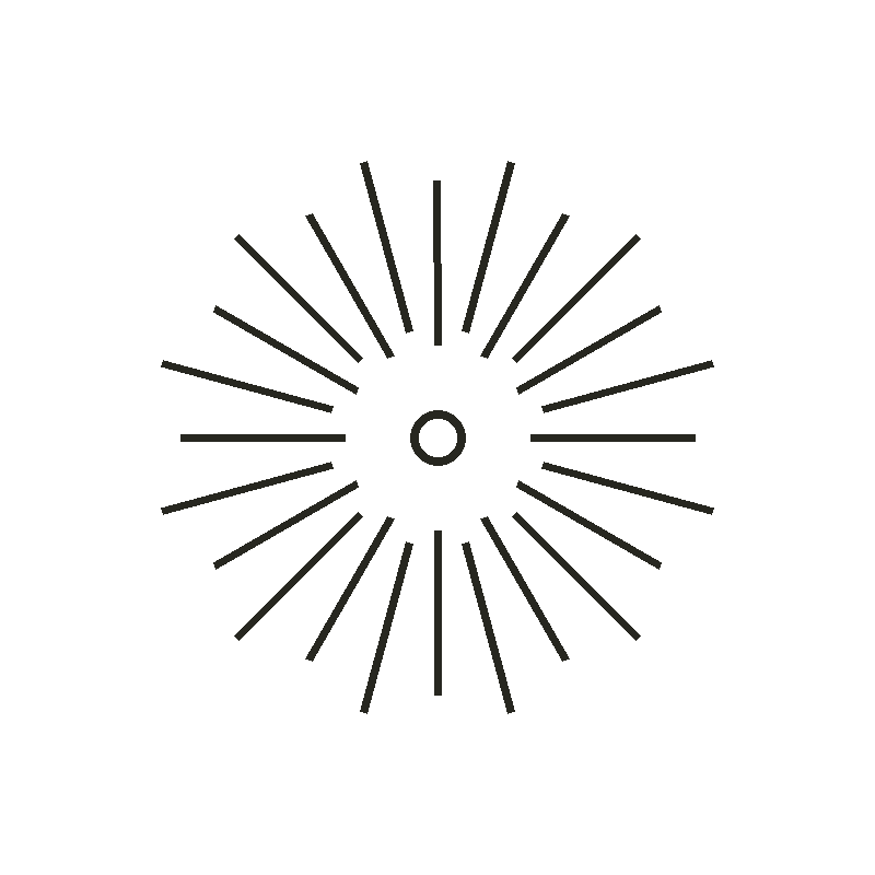 Black sunburst graphic with radiating lines from a small circle at the center.