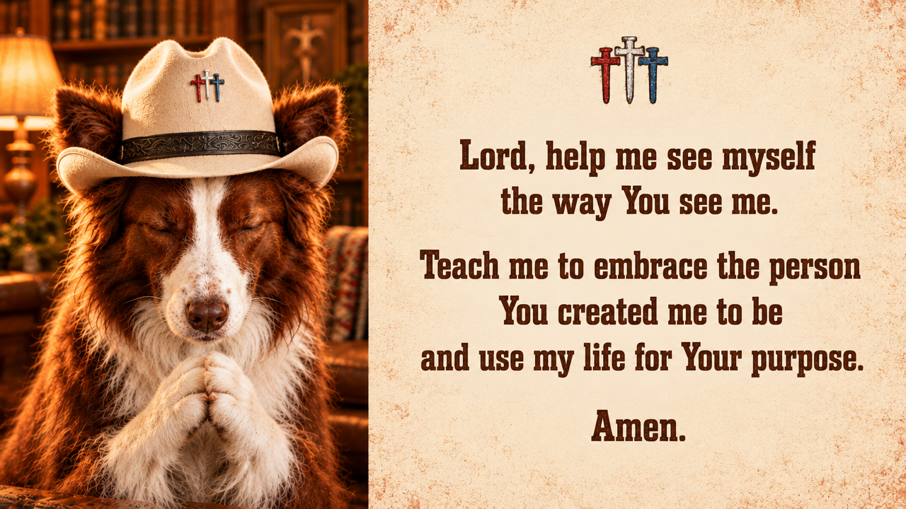 Austin the border collie in a cowboy hat, praying beside this prayer: Lord, help me see myself the way You see me. Teach me to embrace the person You created me to be and use my life for Your purpose. Amen.
