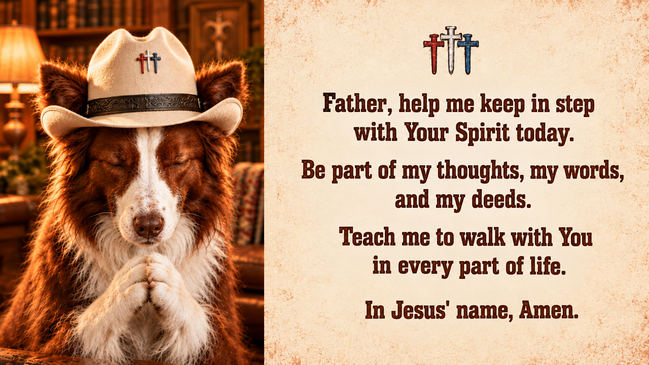 Austin the border collie in a cowboy hat, praying beside this prayer: Father, help me keep in step with Your Spirit today. Be part of my thoughts, my words, and my deeds. Teach me to walk with You in every part of life. In Jesus' name, Amen.