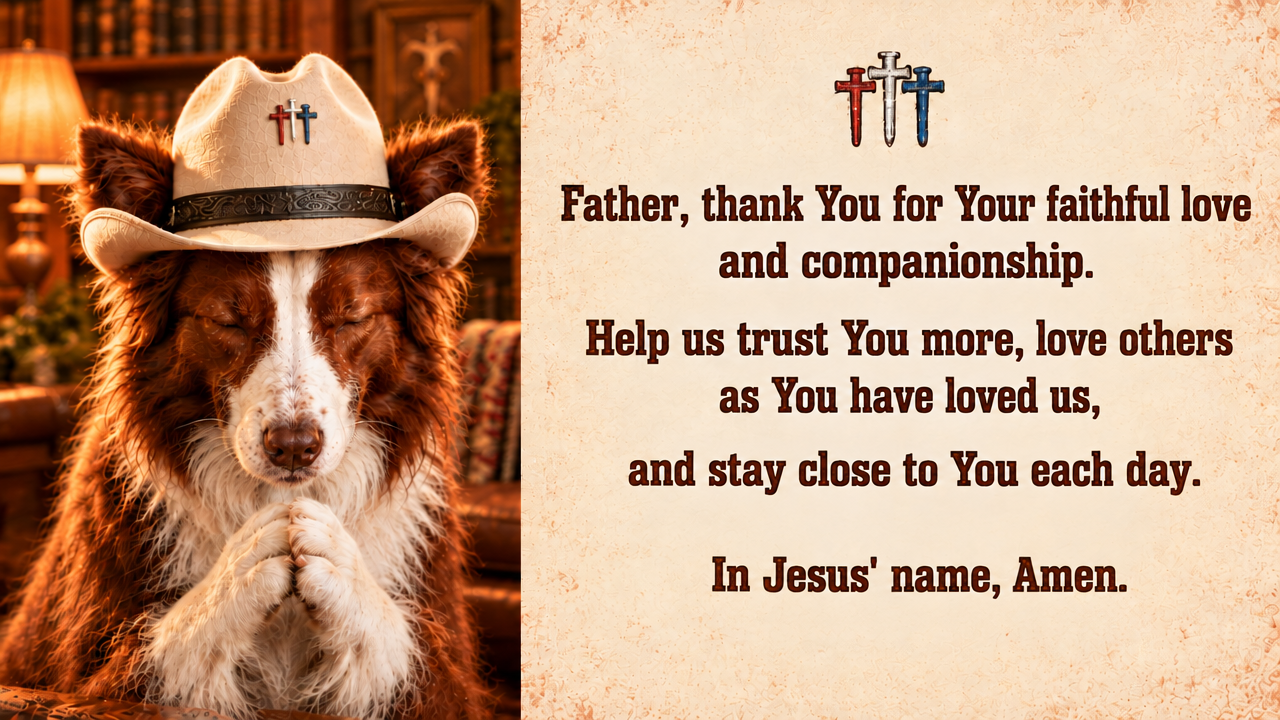 Austin the border collie in a cowboy hat, praying beside this prayer: Father, thank You for Your faithful love and companionship. Help us trust You more, love others as You have loved us, and stay close to You each day. In Jesus' name, Amen.
