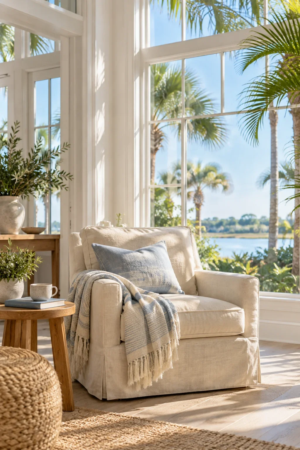 A sunlit coastal sitting room with a comfortable linen armchair and palms outside the windows