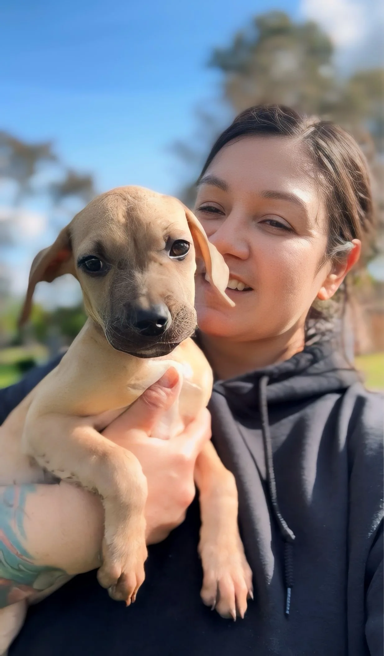 A woman with short dark hair holding a small tan puppy with floppy ears and dark eyes outdoors against a backdrop of blue sky and trees.