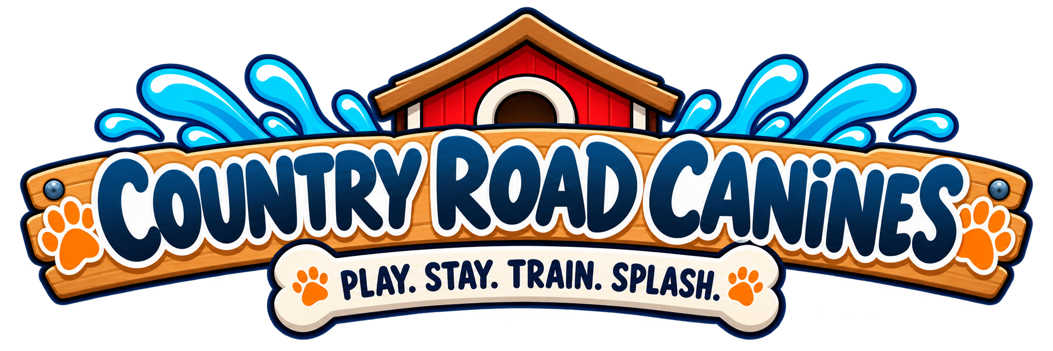 Colorful logo for 'Country Road Cannies' with a red doghouse, blue water splashes, paw prints, and the slogan 'Play. Stay. Train. Splash.'