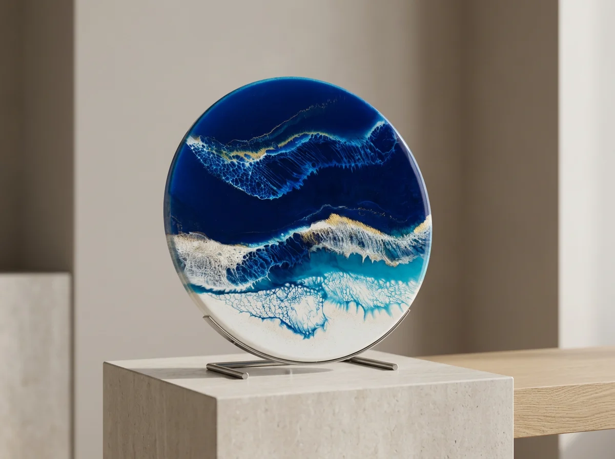 A decorative round art piece with abstract blue, gold, and white wave-like patterns on a stand, placed on a beige pedestal.