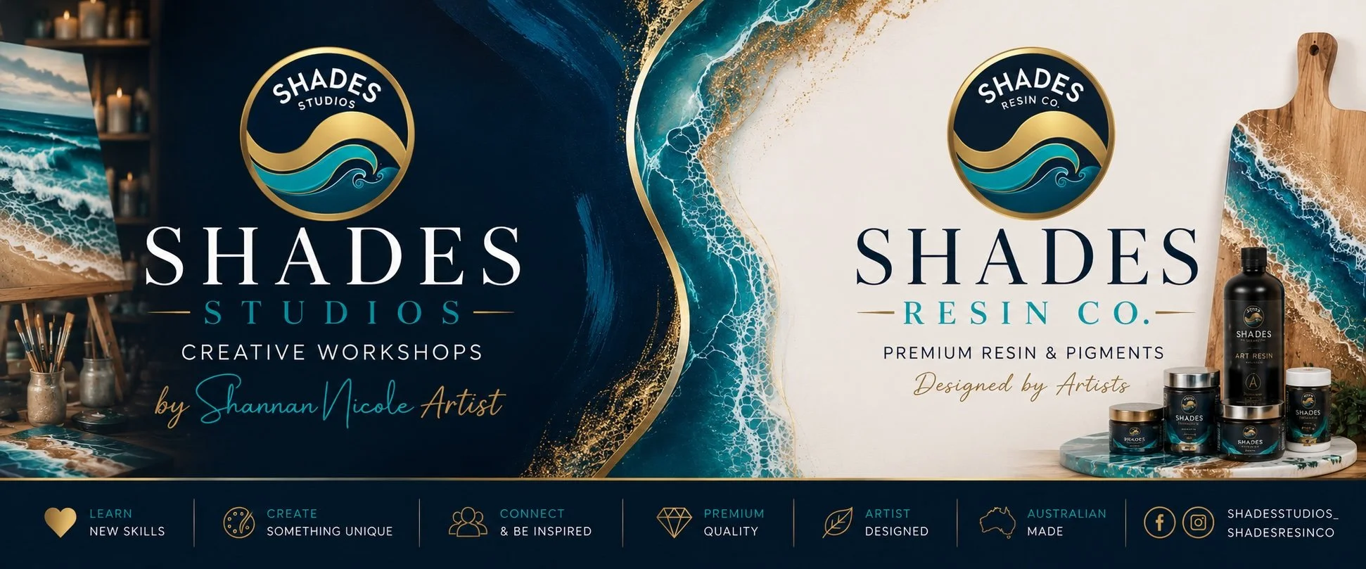 Digital banner for Shades Studios and Shades Resin Co. promoting creative workshops by artist Shannan Nicole, featuring ocean-inspired artwork, resin craft supplies, and a row of resin jars and products. The banner highlights learning new skills, creating unique art, connecting and being inspired, premium quality, artist-designed, and Australian-made, with social media icons for Facebook and Instagram.