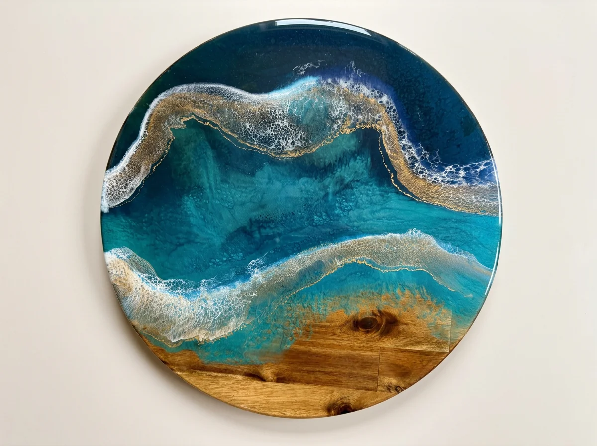 A round wooden art piece featuring an abstract ocean wave design with blue and turquoise colors, white foam-like details, and gold accents.