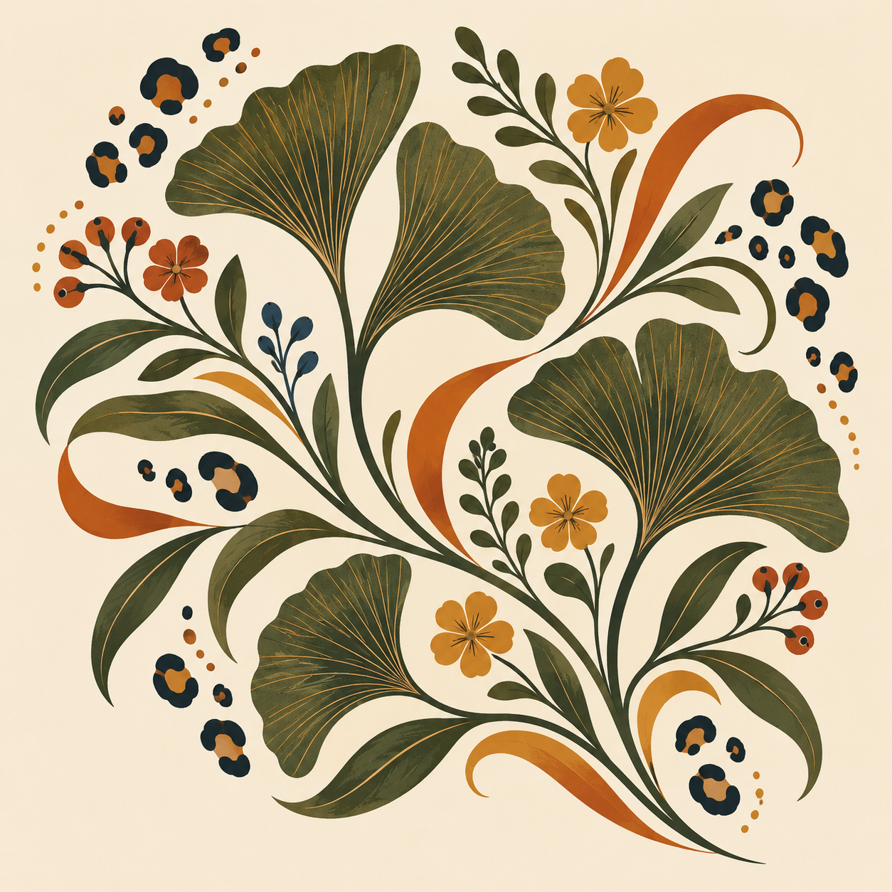A decorative floral pattern featuring green leaves, orange flowers, and black and orange berries against a light background.
