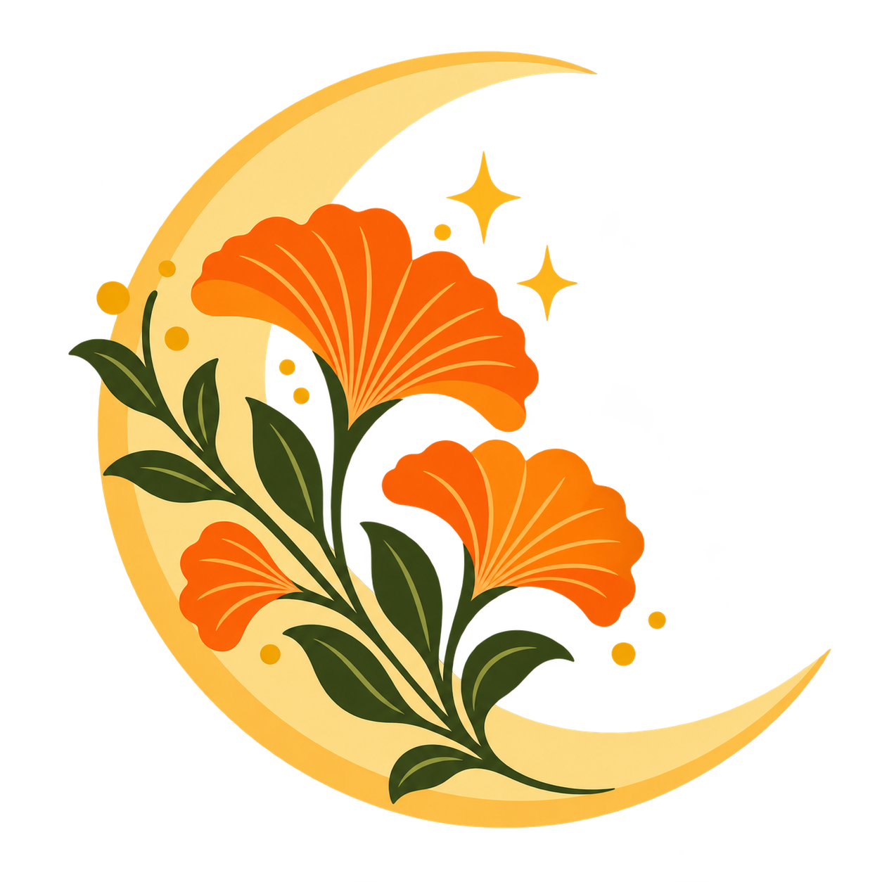 A decorative crescent moon with orange flowers and green leaves, adorned with small stars and dots, on a yellow background.