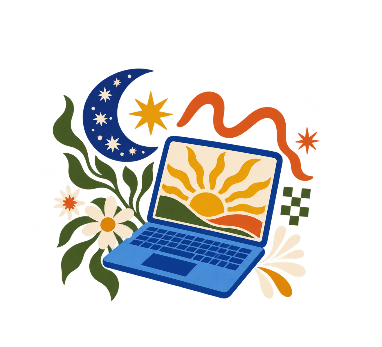 Illustration of a laptop with a colorful sunrise and orange rays on its screen, surrounded by stars, a crescent moon, flowers, and abstract shapes.