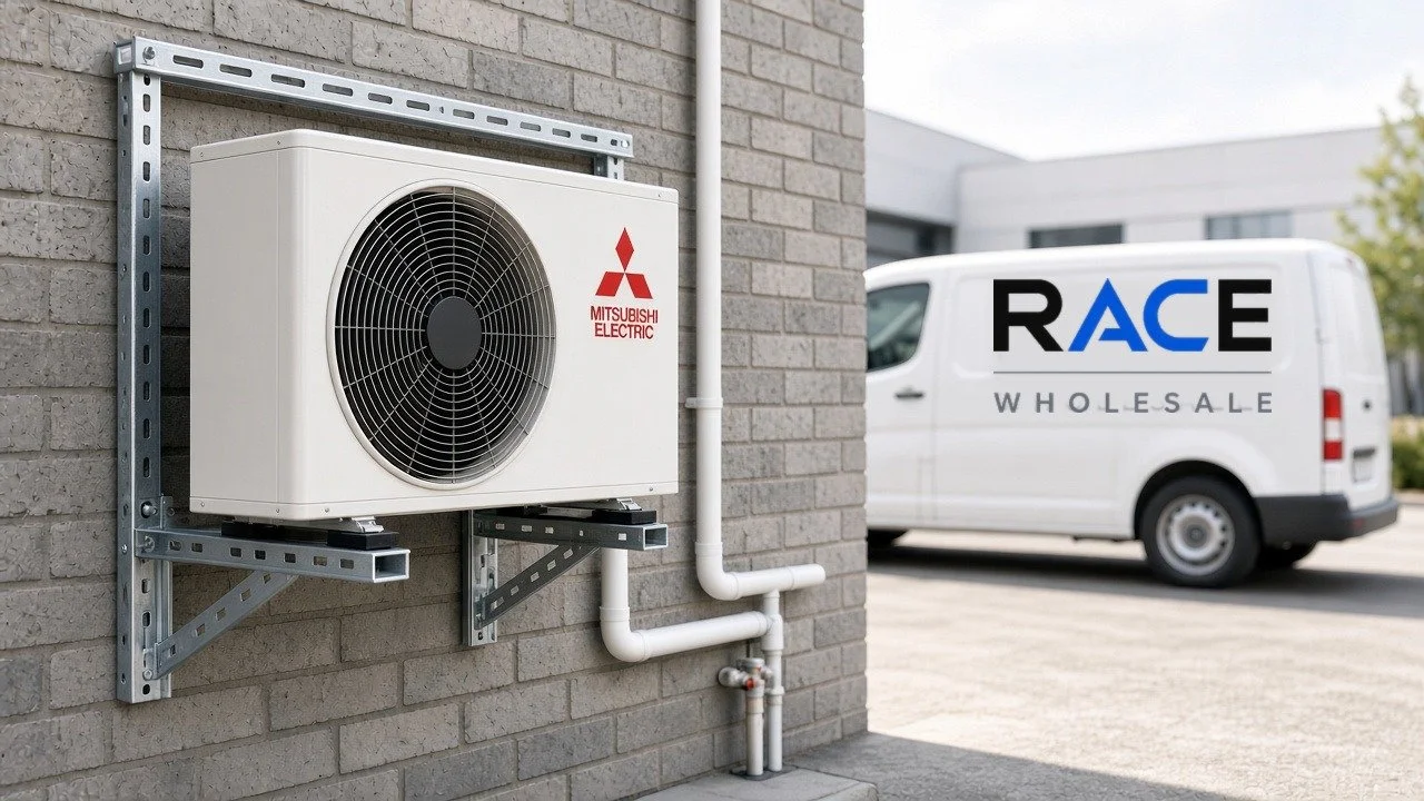 Mitsubishi Electric condenser on a DiversiTech wall bracket with a Race Wholesale van