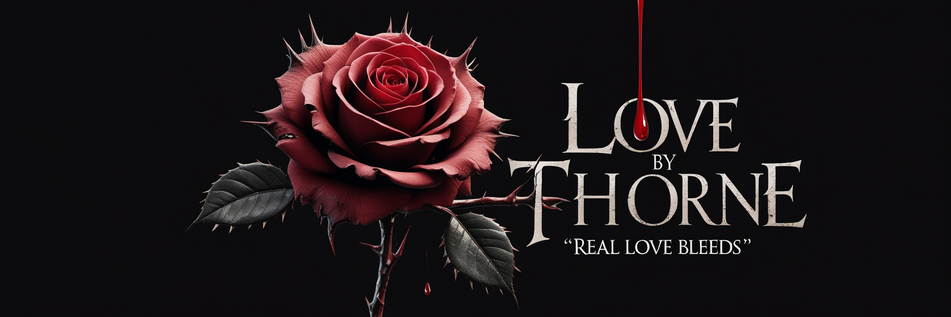 A dark background featuring a deep red rose with thorns and black-tinted leaves, blood drops on the stem, with the text 'Love by Thorne' and a quote 'Real Love Bleeds'.