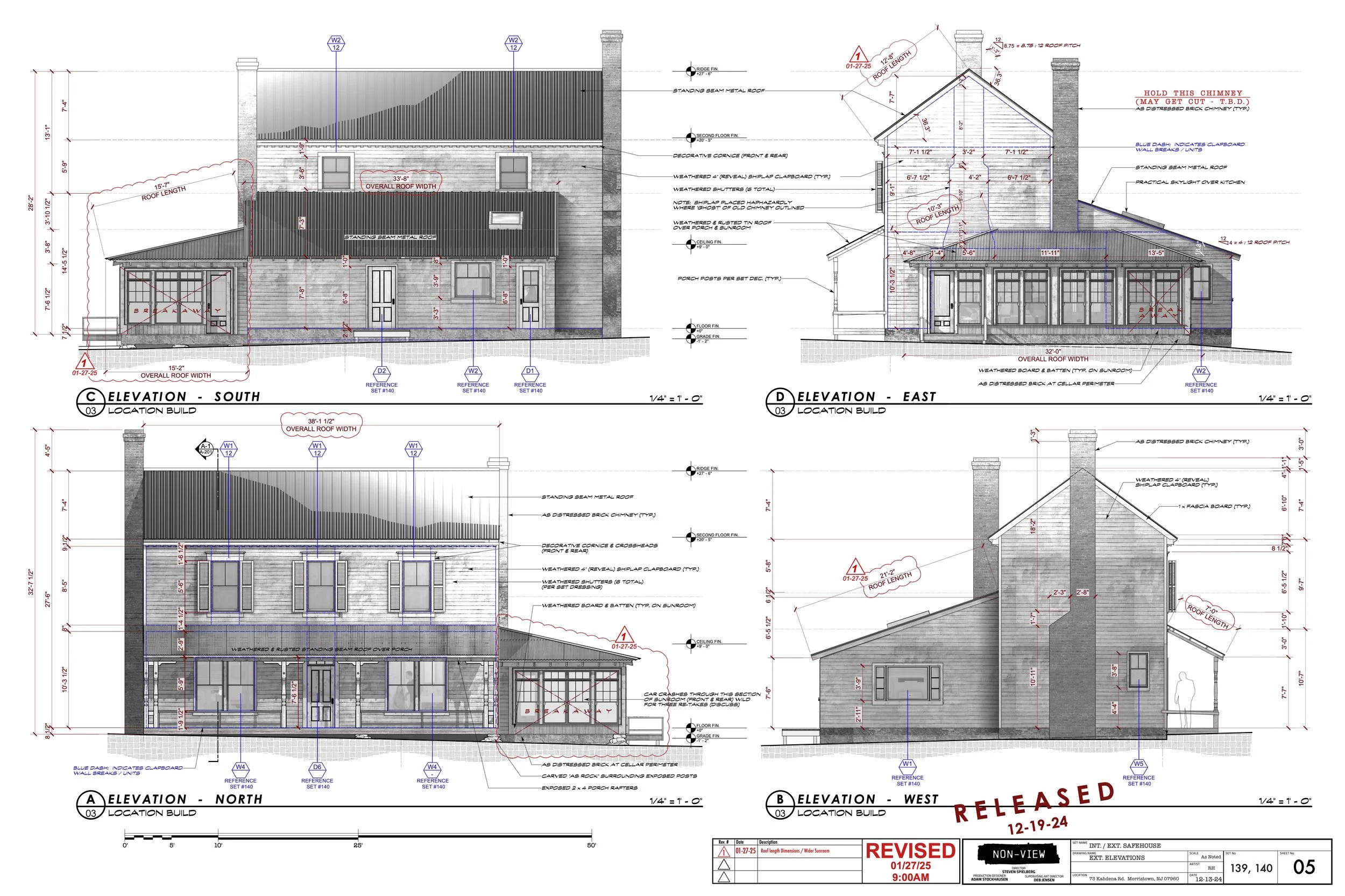Architectural blueprint of a two-story house showing front, side, and rear elevations with measurements, notes, and construction details.
