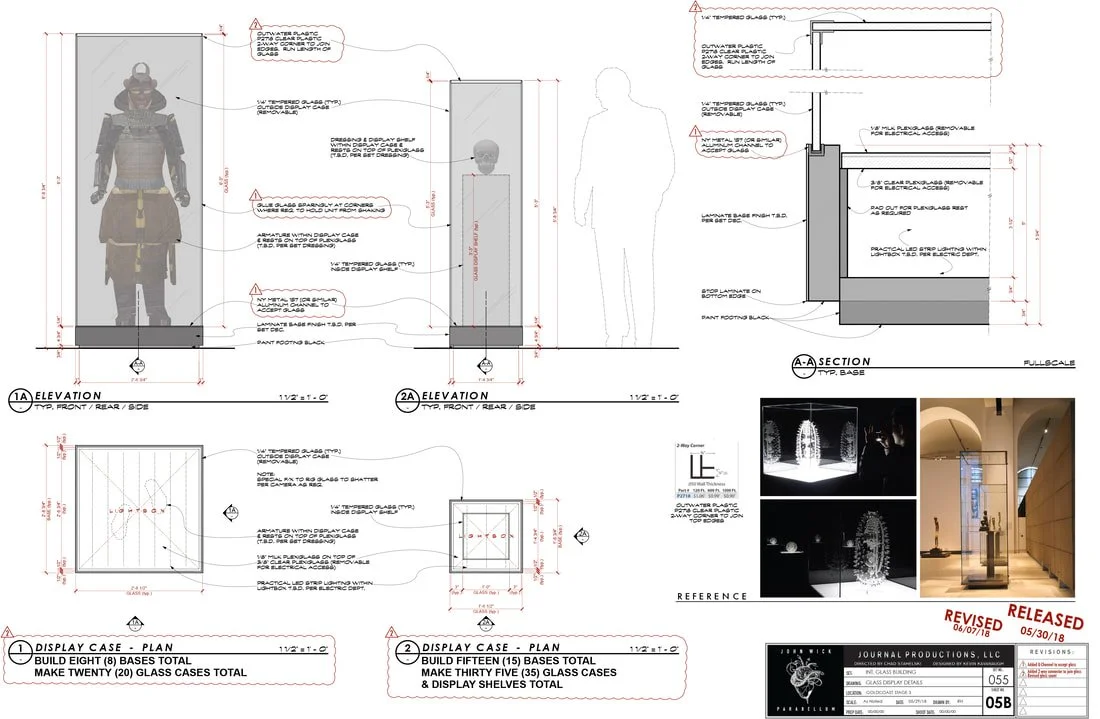 Technical architectural drawings of glass display cases, including elevation, section, and plan views, with annotations for materials and dimensions, alongside three photographs of illuminated glass art displays.
