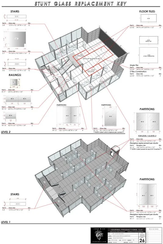 Architectural design drawing of a stunt glass replacement project showing two levels with detailed measurements, partitions, stairs, railings, and floor tiles.