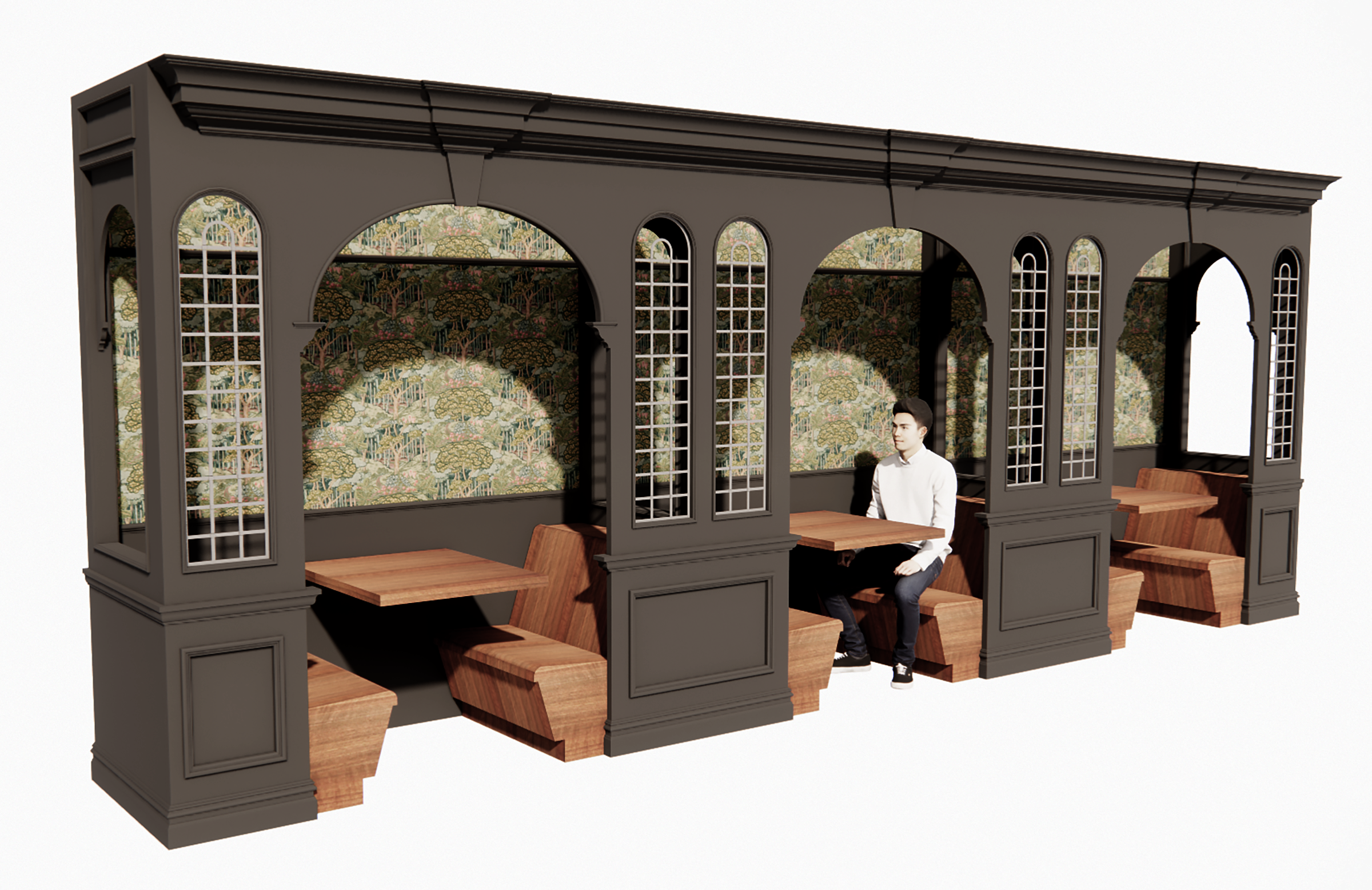 A black wooden pergola with decorative lattice side panels and a painted forest scene on the back wall, with a seated man in a white shirt