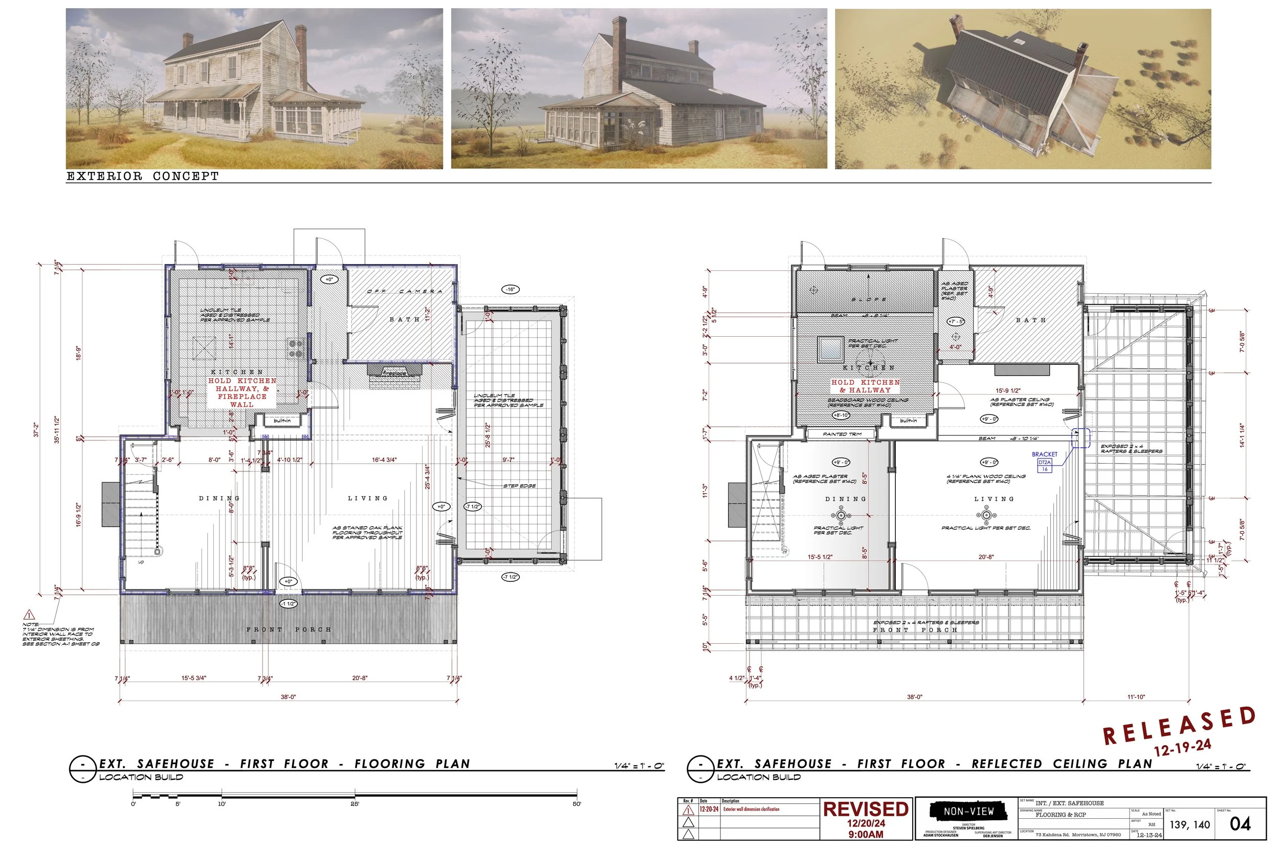 Three exterior architectural renderings of a two-story farmhouse-style house with a front porch, side porch, and aerial view, along with detailed first-floor floor plans labeled as 'Exterior Concept' and architectural revision notes.
