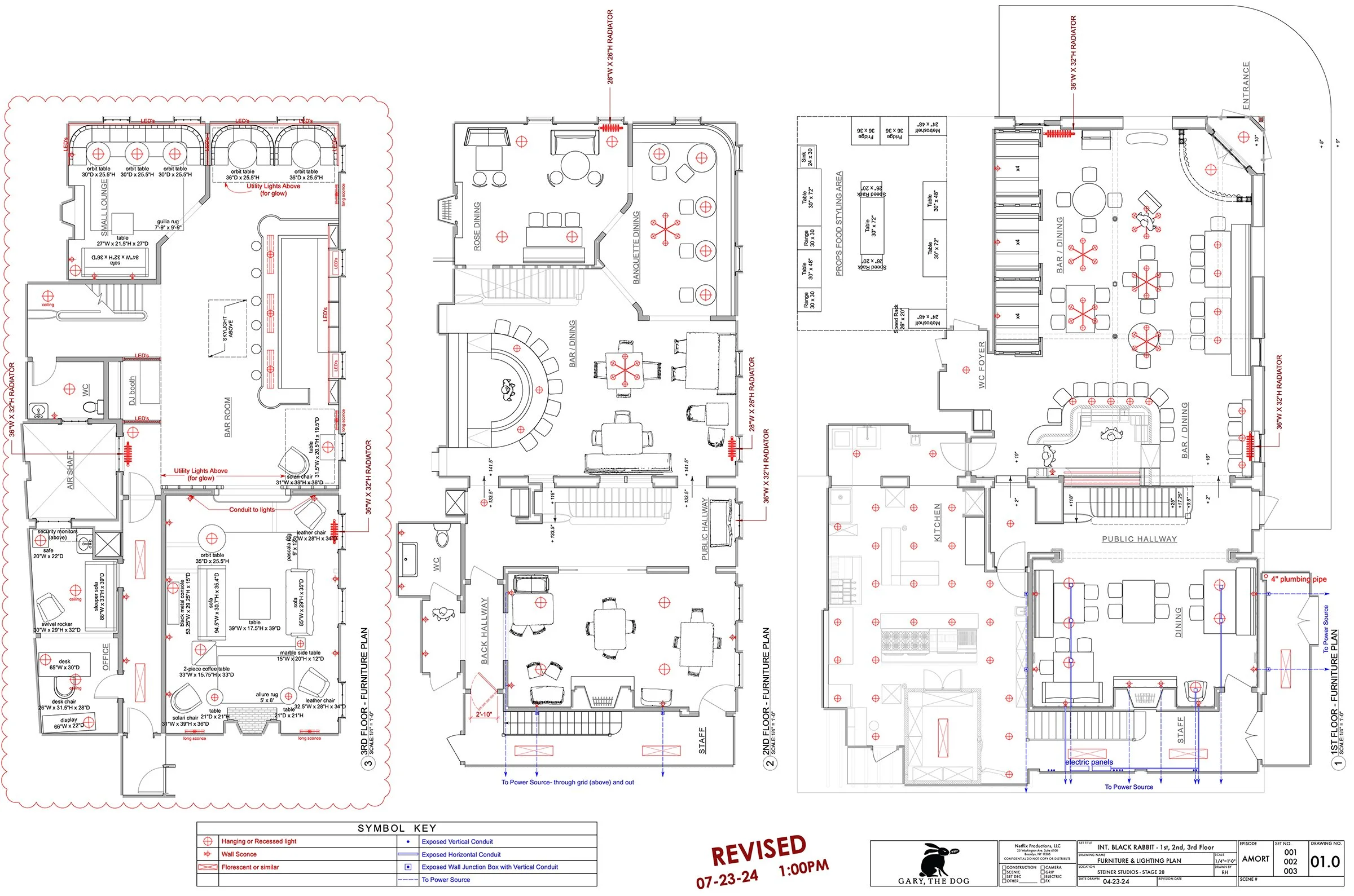 Architectural floor plan of a building, showing layout of rooms and areas with symbols for electrical and lighting fixtures.