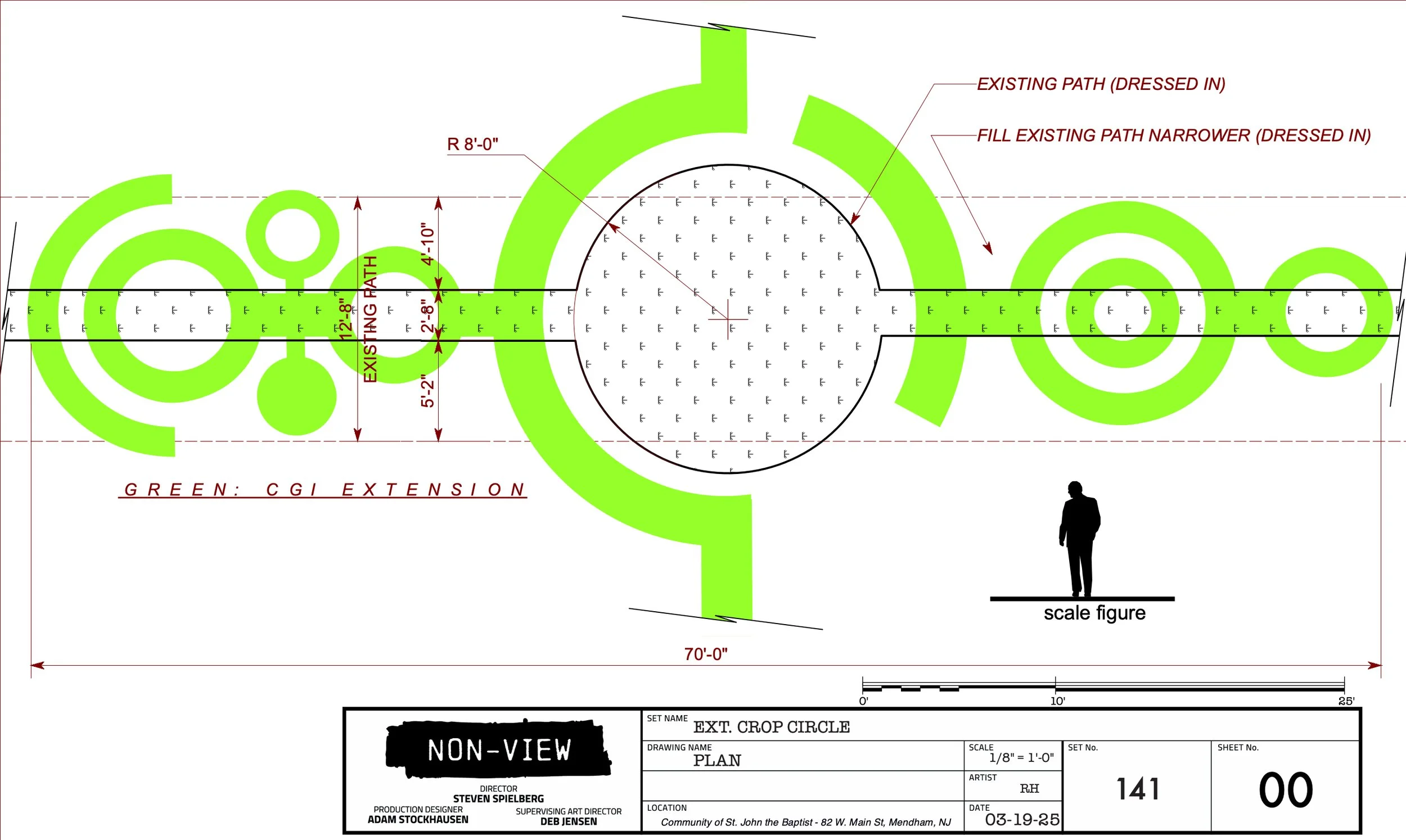 A detailed architectural plan for an outdoor space features green design elements like circular crop circles, pathways, and landscaping within a 70-foot by 70-foot area, with labels indicating existing and proposed pathways and dimensions.