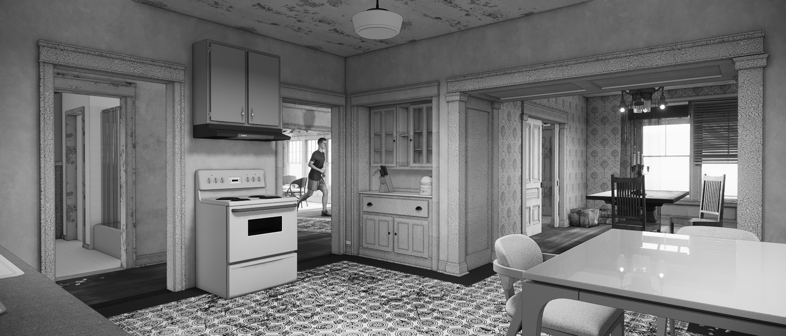 A black and white photo of a kitchen with a person jogging in the background. The kitchen has cabinets, a stove, and a dining area with chairs and a table. There is a doorway to a laundry area with a washer and dryer.