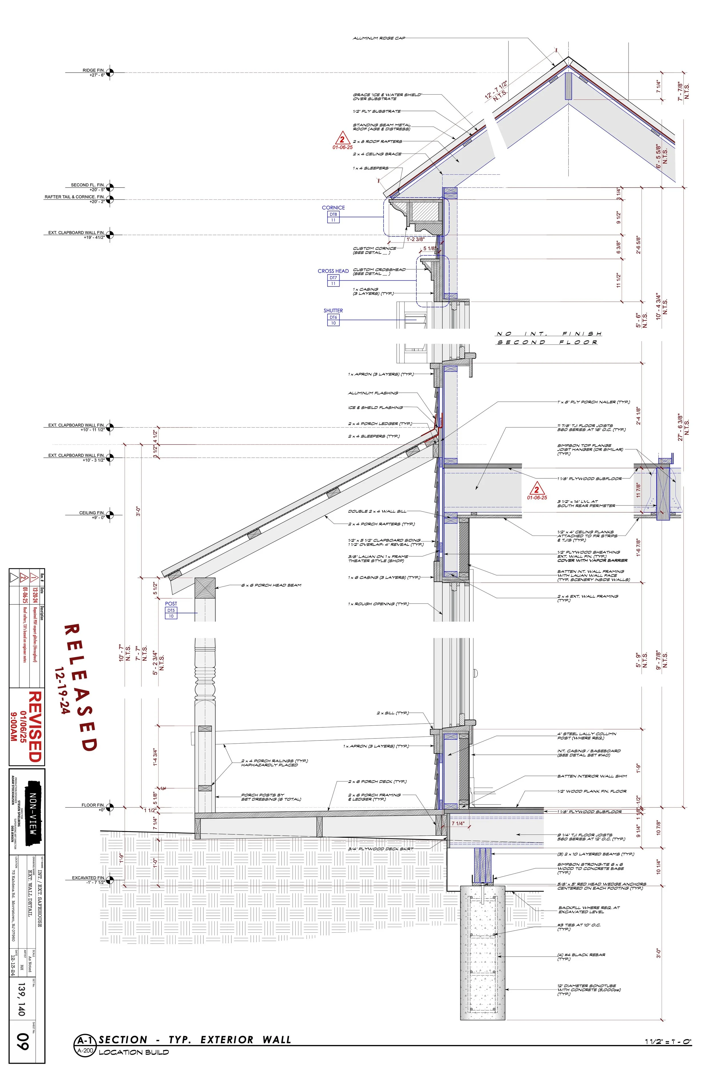 Detailed architectural blueprint of a typical exterior wall section of a building, with various measurements, notes, and construction elements.